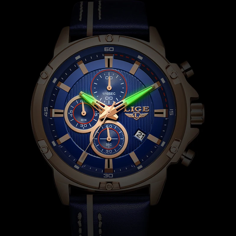 Часы наручные LIGE Мужские кварцевые брендовые Роскошные водонепроницаемые