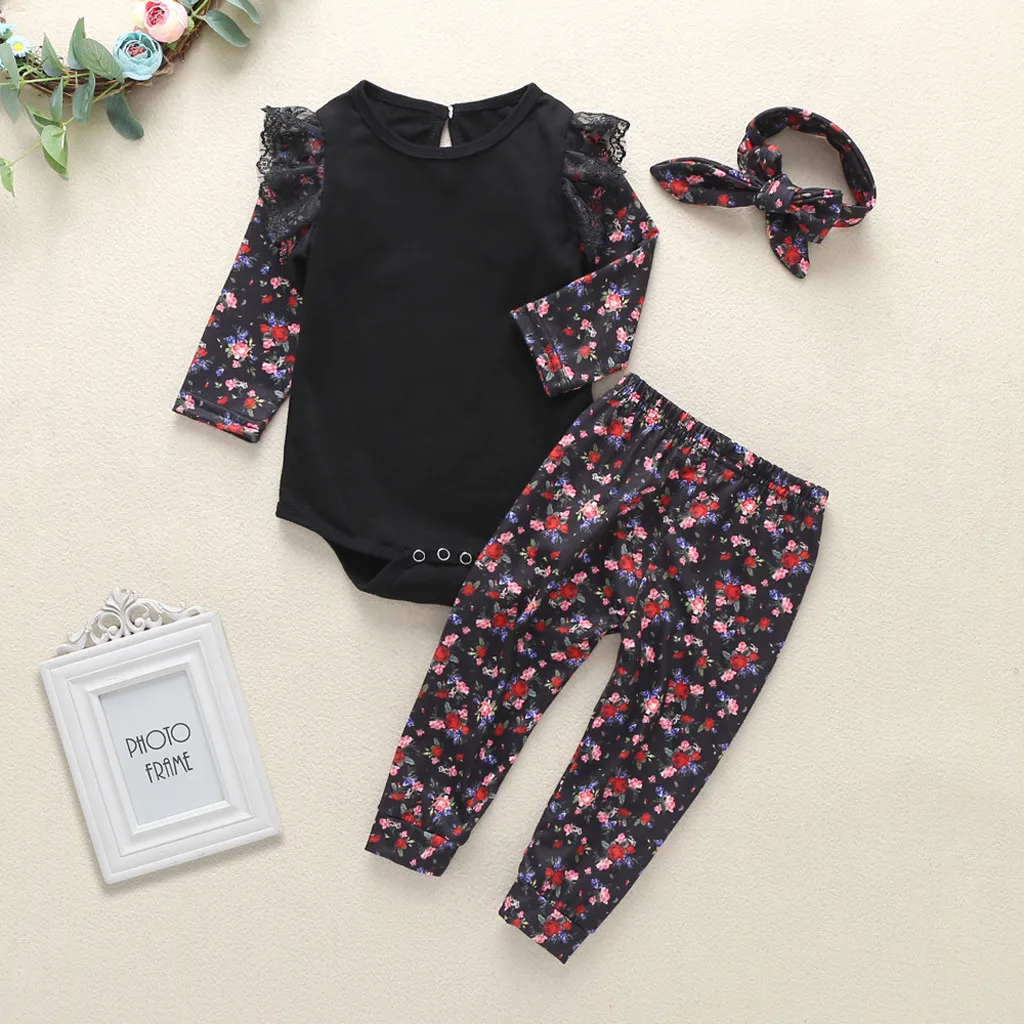 Детский комбинезон с цветочным принтом для девочек + штаны повязка на голову