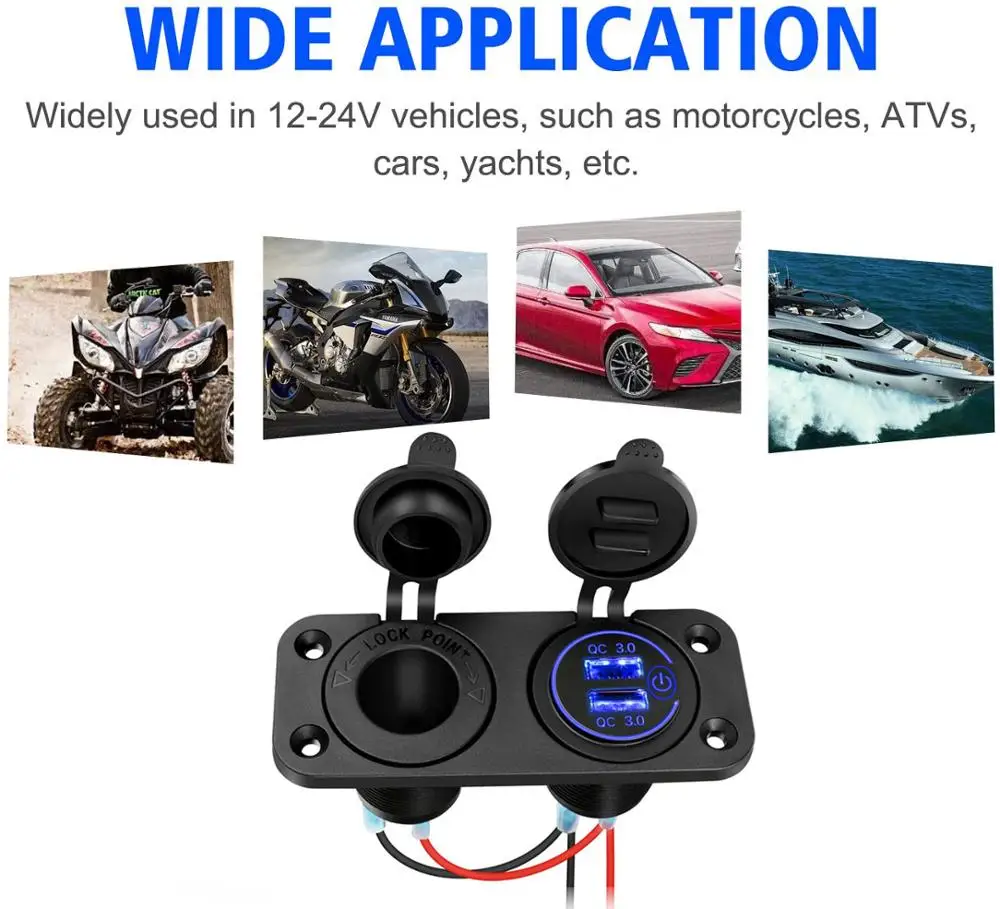 

Car Accessories Marine Motorcycle QC3.0 Dual USB Rocker Switch Panel Charger ON/OFF Touch Switch Cigarette Lighter Adapter
