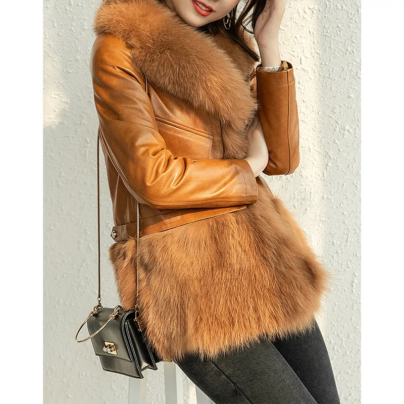 

Женское кожаное пальто из лисьего меха, облегающее длинное и средней длины, 2020