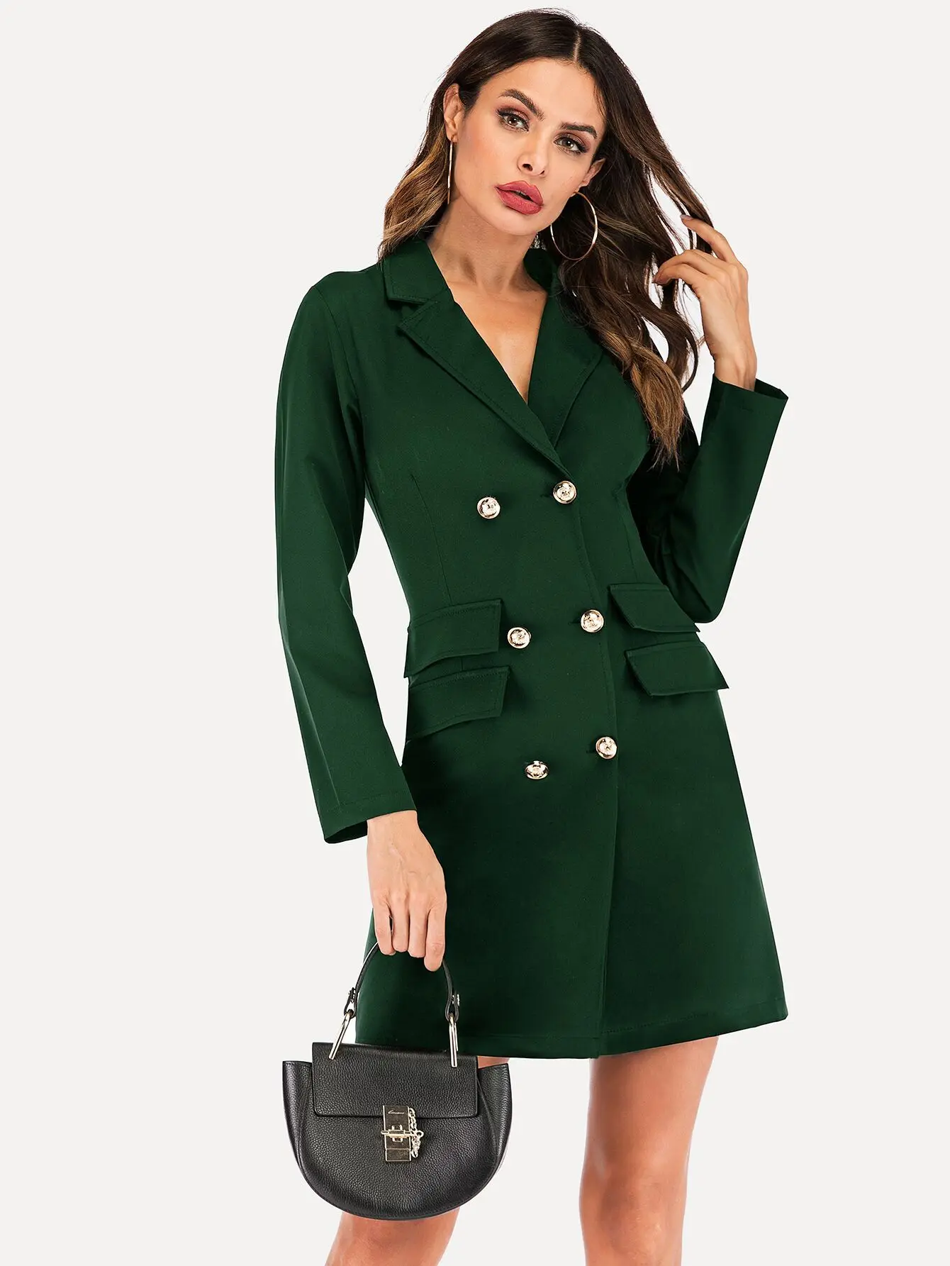 

WEPBEL Women's Casual Long Sleeve Double Breasted Sheath Pocket Suit Mini Dress Autumn Winter Fashion Solid Color Slim Fit Dress