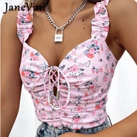 janevini new women sweet floral print corset crop tops tie up 2021 summer sexy ruched bodycon bustier casual tank top backless