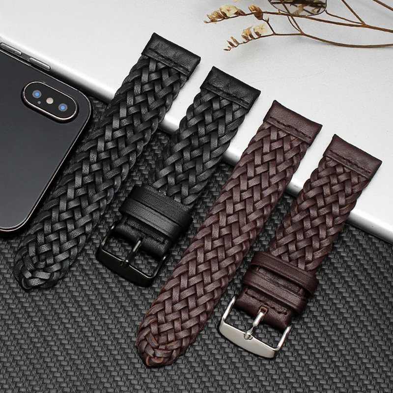 Ремешок плетеный кожаный для Samsung Galaxy Watch 4 3 Classic браслет Active 2 40 мм 44 41 мм/45 мм/42 мм/46