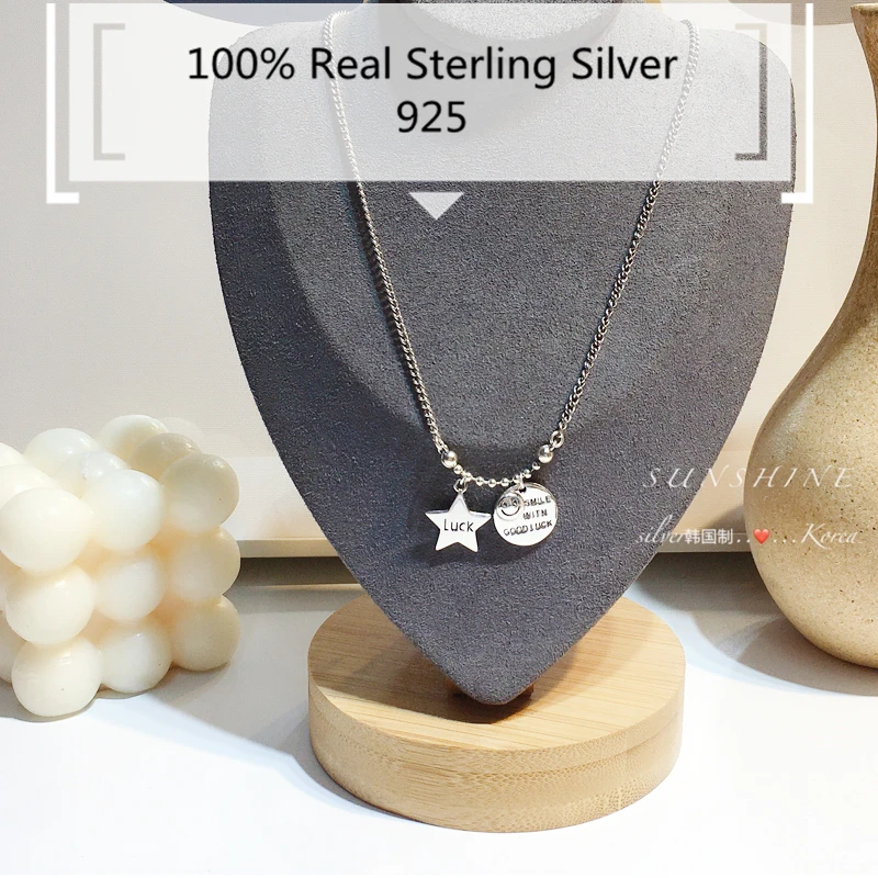 

100% Pure 925 Sterling Silver Chain Happy Face Pendant Necklace Dongdaemun Handmade Star Halskette Cadena Plata 925 Para Mujer