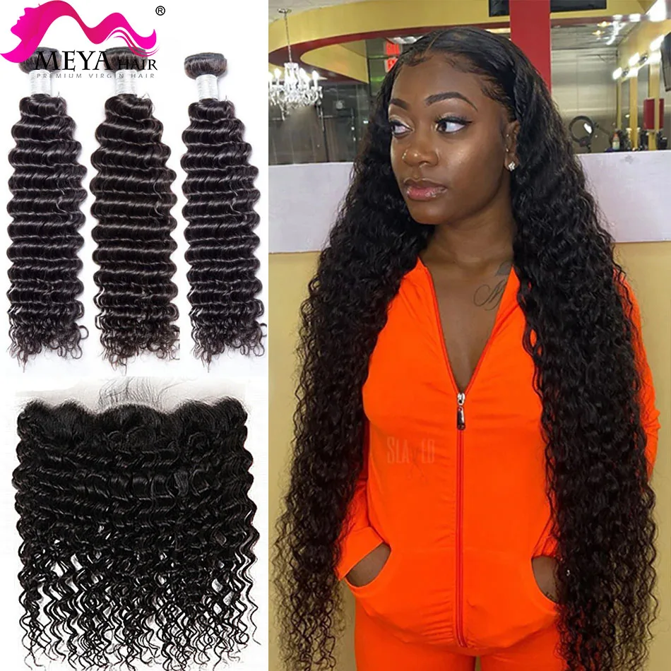 

[Meya] 3+1 Deep Wave Peruvian Hair Weave Bundles With Frontal Closure Human Hair Kinky Curly Remy Virgin Hair Extension