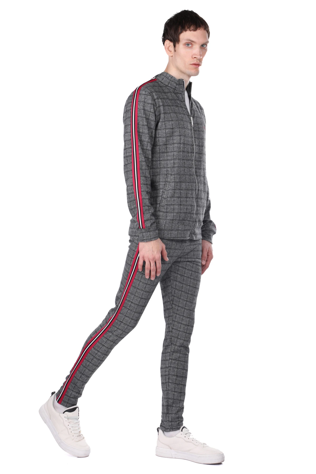 

Striped Sleeve Plaid Zipper Mens Sweatshirt