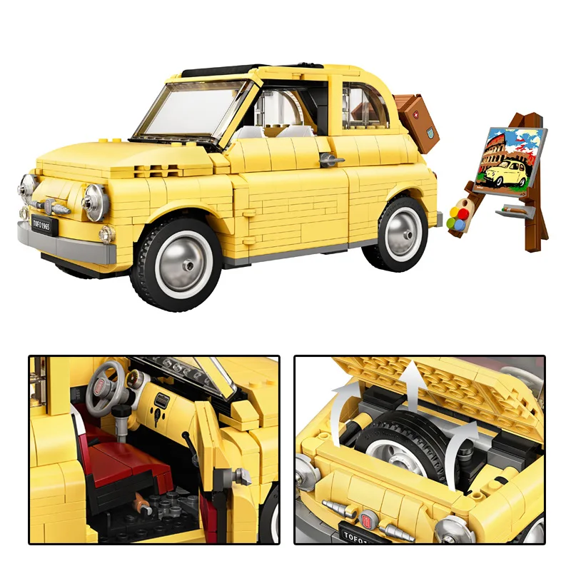 Конструктор Желтый автомобильный пикап с мелкими частицами модель 2020 Fiatting 500 |