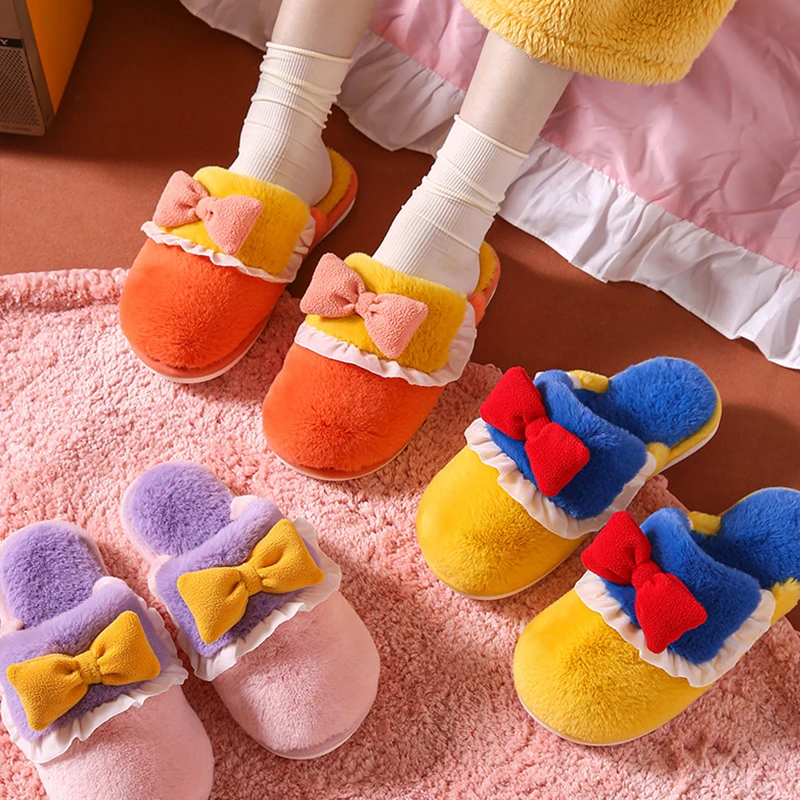 

Winter Cotton Slippers Female Cute Bow-knot Indoor Home Non-slip Home Autumn and Winter Cartoon Warm Women's House Slippers