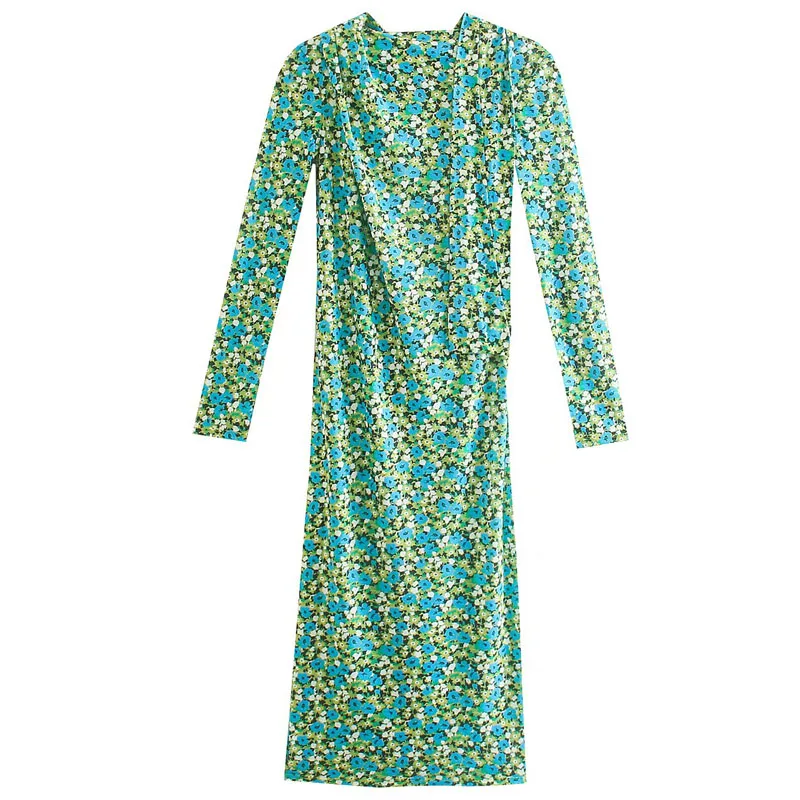 

Женское платье макси с цветочным принтом ZA, зеленое винтажное облегающее платье с длинным рукавом, высоким воротником и открытой спиной для...