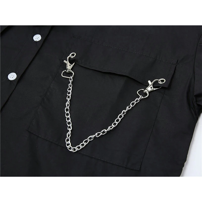 Женская блузка с коротким рукавом черная в клетку принтом цепей и галстуком