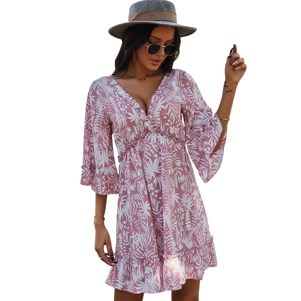 

2021 spring and summer new women's Polimia wind deep V casual sexy print dress skirt