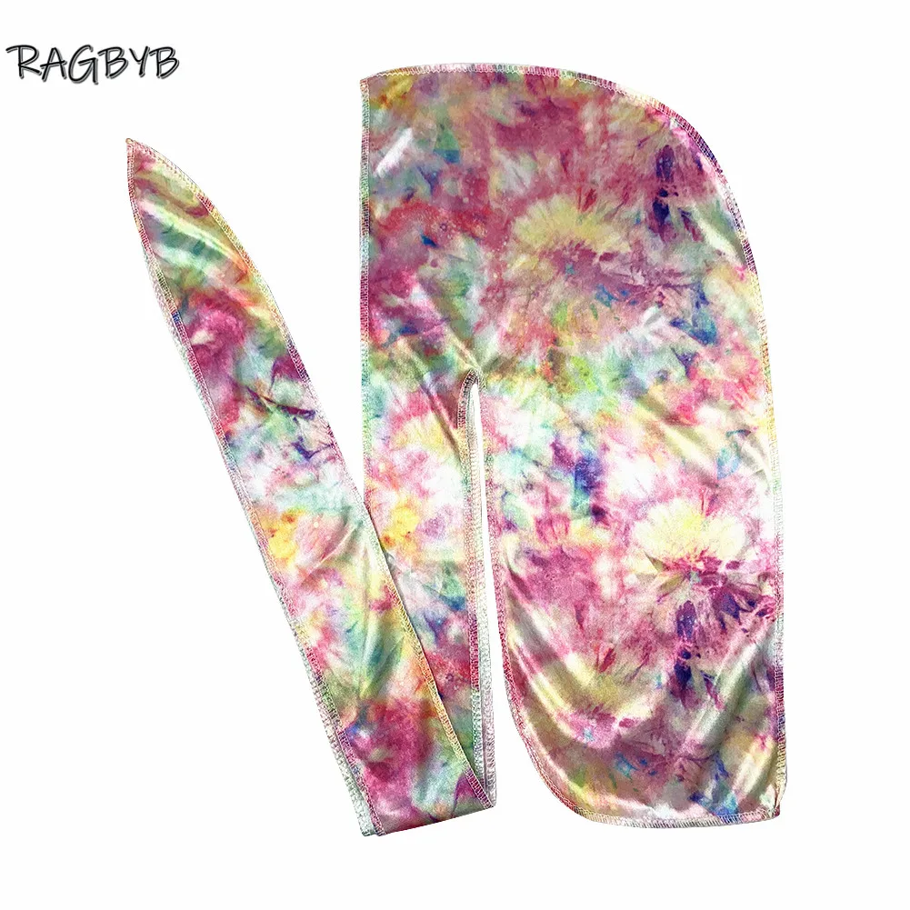 RAGBYB Premuim Tie Dyed Silk Durag Long Tail Men Printing Silky Durags Bandanas for Men Hair Wave Cap Durag images - 6