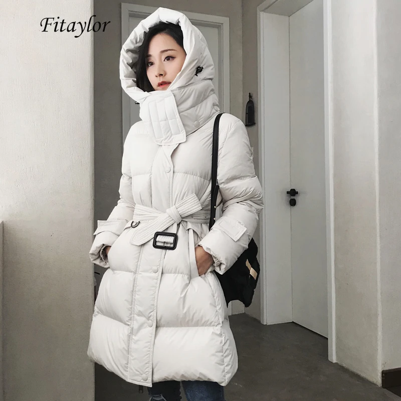 Fitaylor новые зимние женские большие натуральные меховые куртки с воротником ультра легкие 90% Белые парки на утином пуху Тонкий теплый пуховик Верхняя одежда с поясом