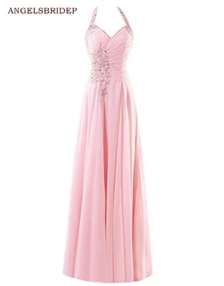 

ANGELSBRIDEP Halter Long Bridesmaid Dresses Formal Beading Floor-Length Chiffon Vestido Da Dama De Honra Formal Party Gowns
