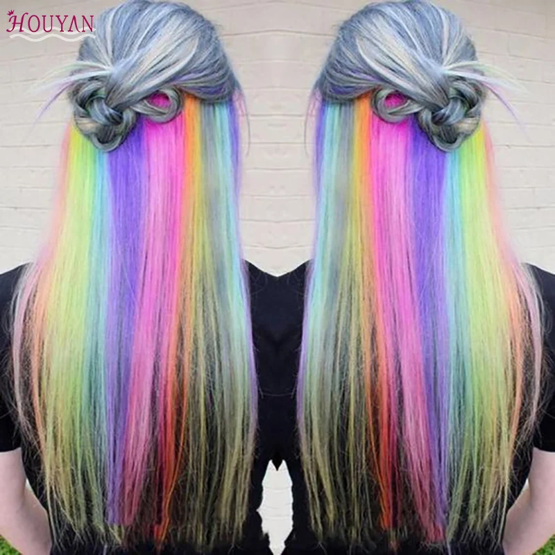 Длинные прямые цветные пряди для наращивания волос с зажимом блестящие радужные
