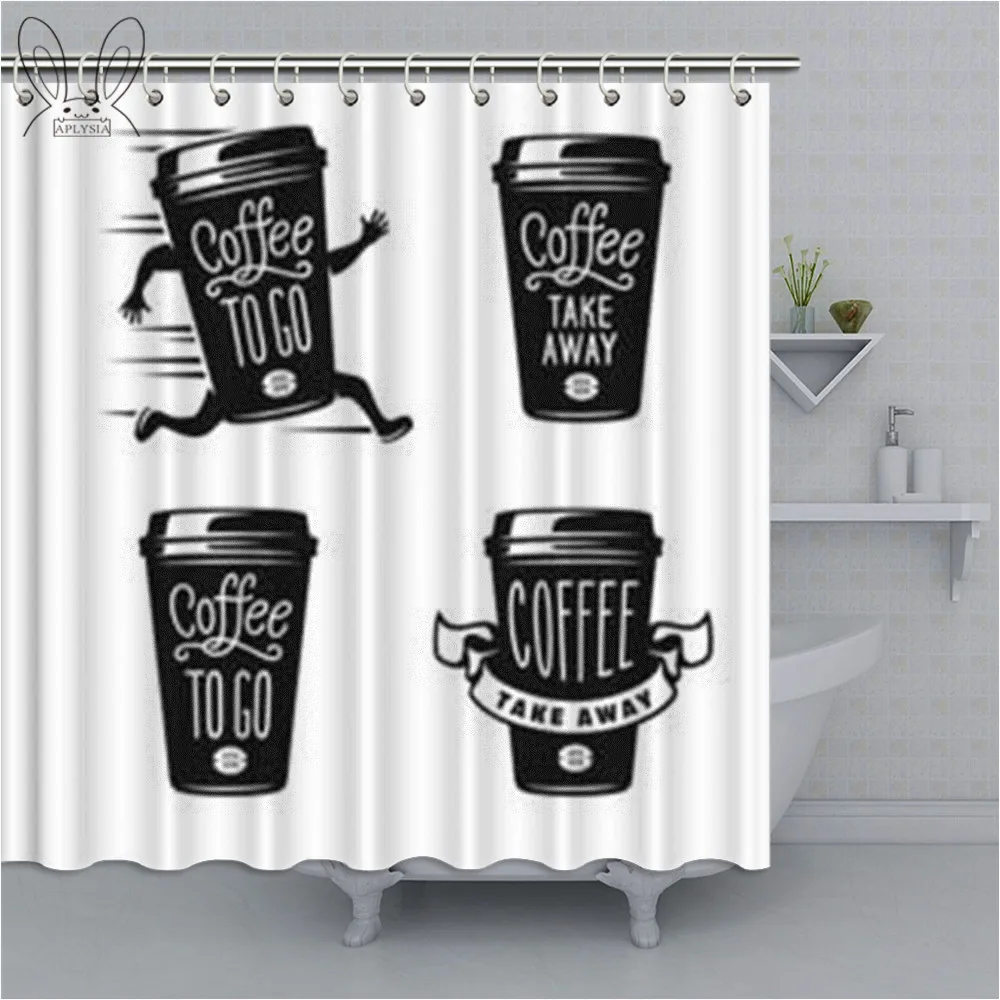 

Modern Home Coffee Cup Print Shower Curtain Stylized Waterproof Bathroom Curtain Polyester Fabric Bath Curtain Bathtub Sets