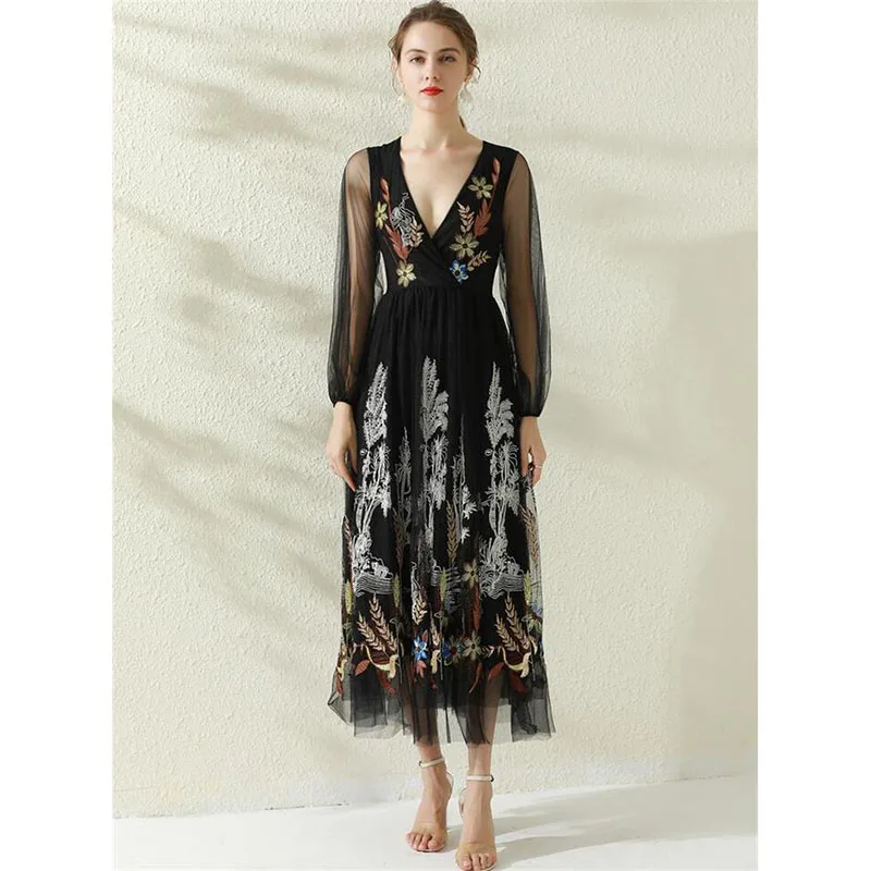 

Women Long Dress High Quality Spring Summer Runway V-Neck Long Sleeves Mesh Embroidery Elegant Maxi Dresses Holiday NP1598Y