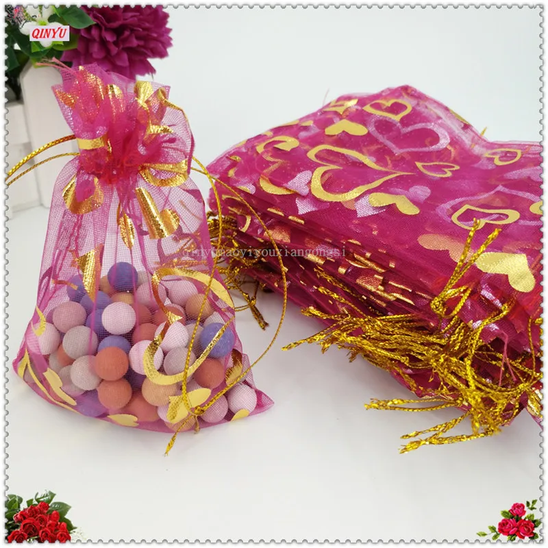 Золотое любовное сердце вуаль розовая свадебная сумочка из органзы Подарочные