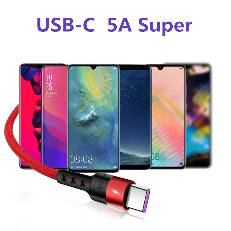 Тип C USB C 5A кабель для huawei samsung Xiaomi быстрое зарядное устройство QC 3,0 Supercharge супер быстрая зарядка Зарядное устройство шнур 1/2 м/3 м/метр