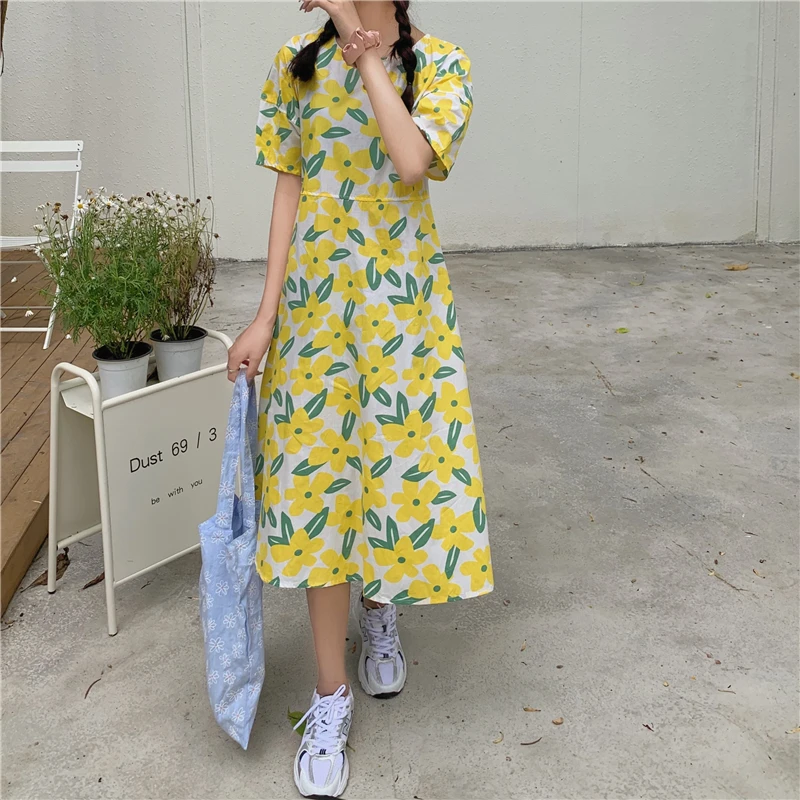 

2021 Plus Size Floral Print Summer Dress Evening Long Vintage Dresses Oversize Short Sleeve Beach Women Dress Robe Vestido Prom