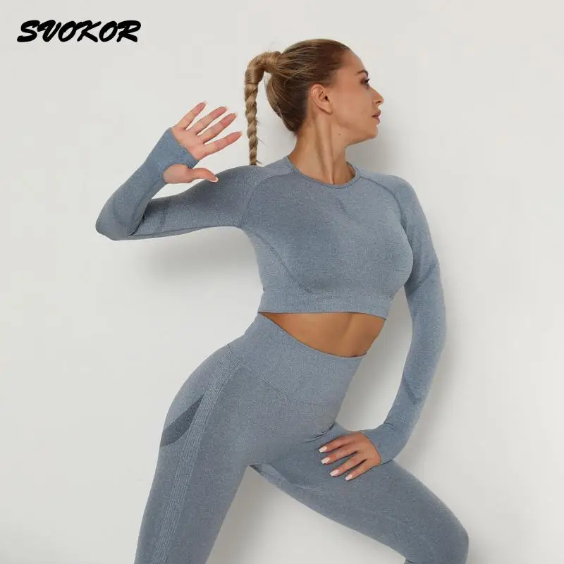 Женский спортивный костюм SVOKOR бесшовный укороченный топ леггинсы с эффектом