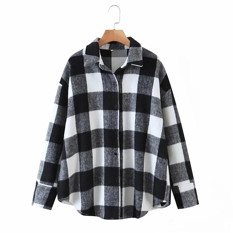 

Vogue Spring Autumn Womens Plaid Print Black Long Shirt Jackets Girls Casual Single Breasted Loose Thick Woolen Outwear