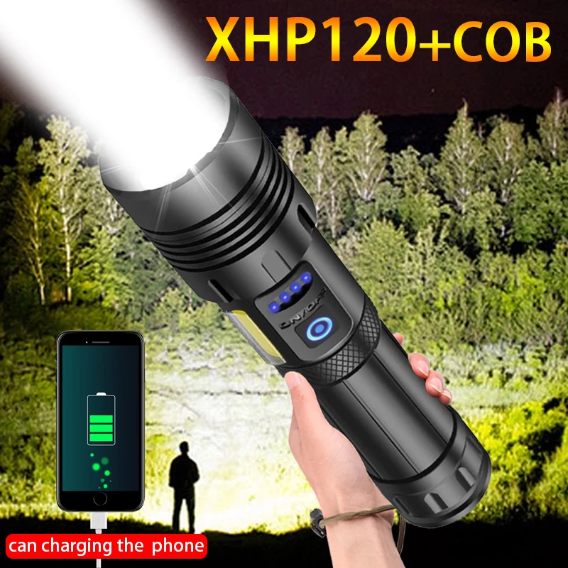 

Высокомощный светодиодный фонасветильник, супер яркий XHP120 с COB фонариком, перезаряжаемая тактическая вспышка с батареей 18650