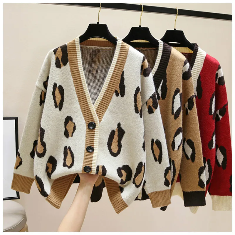 

Leopard Print Women Sexy V Neck Cardigan Streetwear Long Sleeve Autumn Winter Casual Outwear Sweater Tops Cardigans
