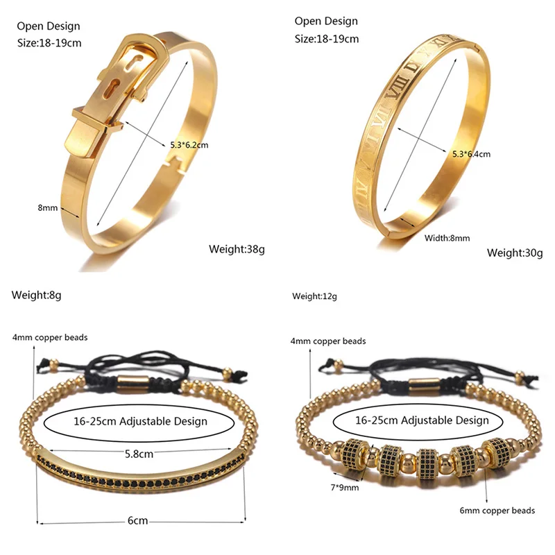 

4pcs/set Luxury Charm Gold Roman Numeral Bangle Bracelets For Women Men Cubic Micro Pave CZ Braiding Bracelet Bangle Man Jewelry