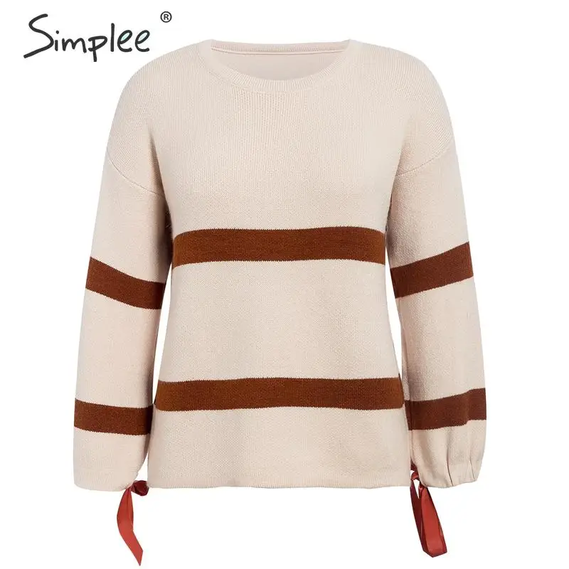 Simplee Leisure striped o-neck women pullover sweater Autumn winter bow tie sleeve female Long ladies jumper 2019 | Женская одежда