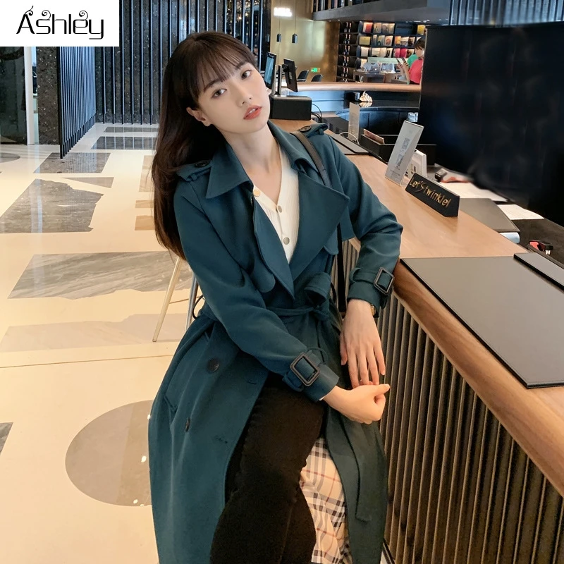 

Ashley casual solid autumn winter jackets women Long sleeve notched outwear female coat Streetwear oversize ladies belt coats