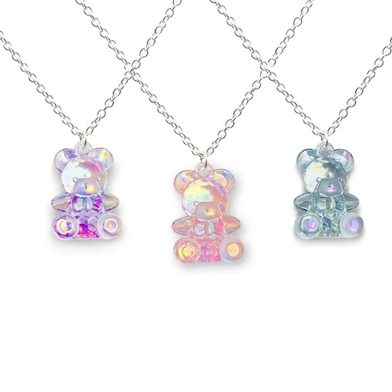 

Symphony Pink Crystal Acrylic Transparent Threedimensional Bear Pendant Gradient Cartoon Personality Fashion Necklace Cool Trend