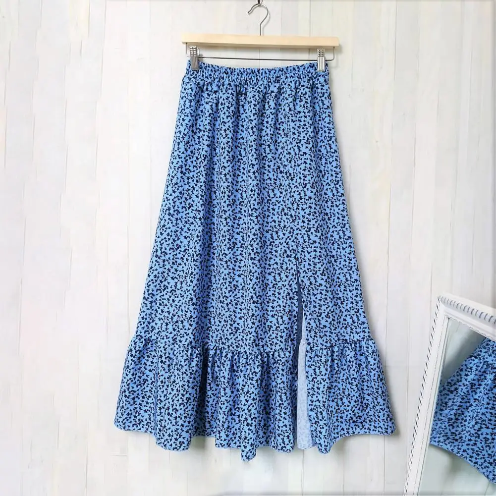 

Women Floral Print Skirt Elastic Waist Summer Wide Hem A-line Ruffle Stitching Skirt Daily Wear