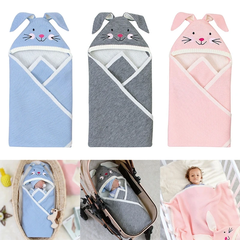 

80x80cm Cartoon Rabbit 3D Ear Baby Knitted Sleeping Bag Stroller Blanket Newborns Infant Swaddle Wrap Sleepsack Bedding