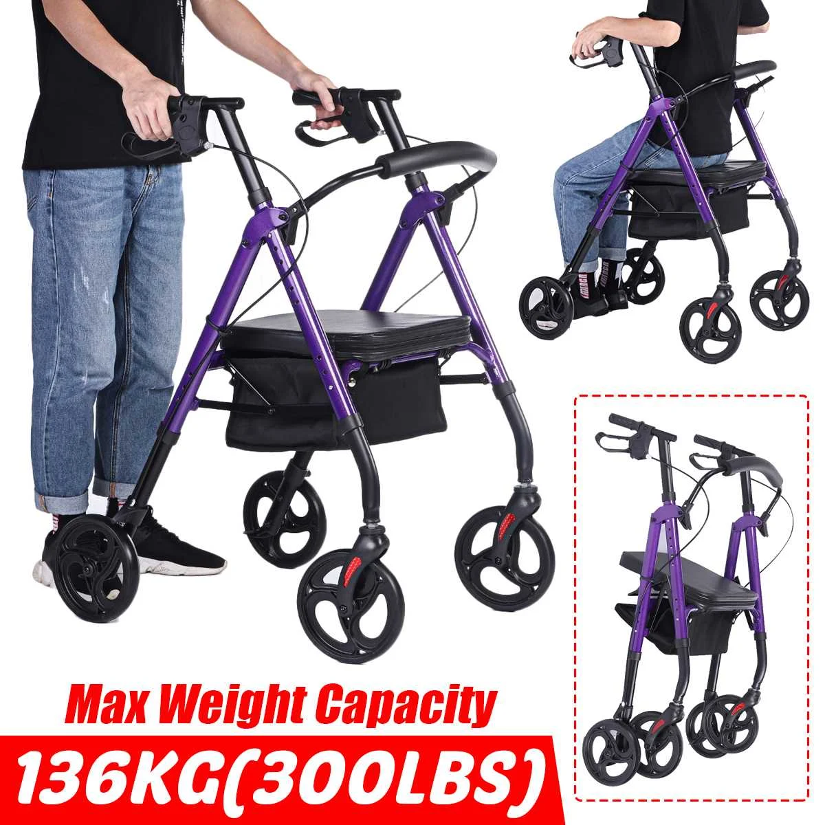 

BVSOIVIA 4 Wheel Seat Rolling Foldable Walker Chair Rollator Foldable Adjustable Elderly Aid Backrest Elderly Mobility Walking A