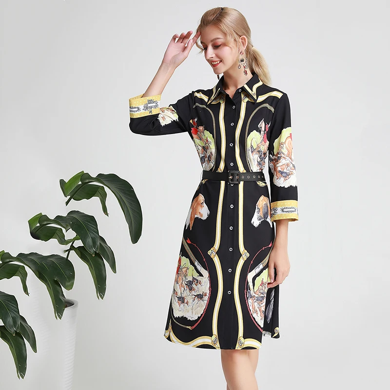 

MIUXIMAO High Quality 2019 Fall Dress Newest Fashion Flower Print Mid-Calf Casual Dress Women vestidos With Belt