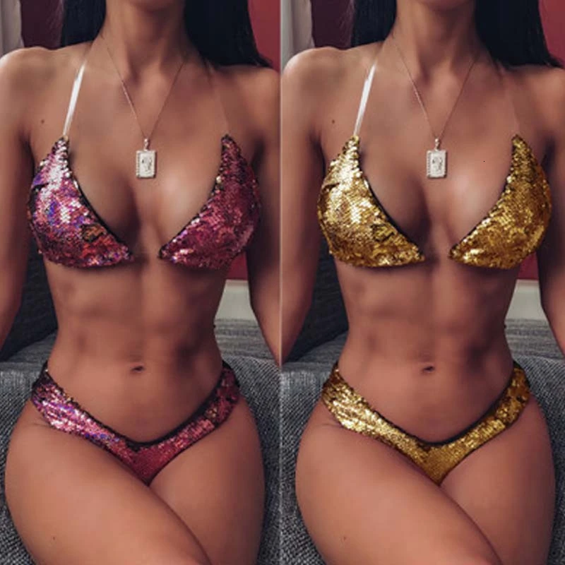 2020 пайетками блестящее бикини набор Двойка купальник Для женщин из двух частей