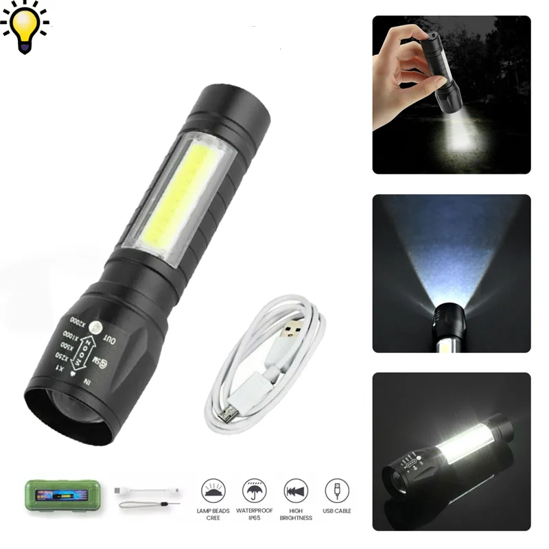 

LED T6 USB Rechargeable 4 Modes Flashlight COB High Brightness Energy Efficiency Emergency Light Hiking Camping Cycling Lamp