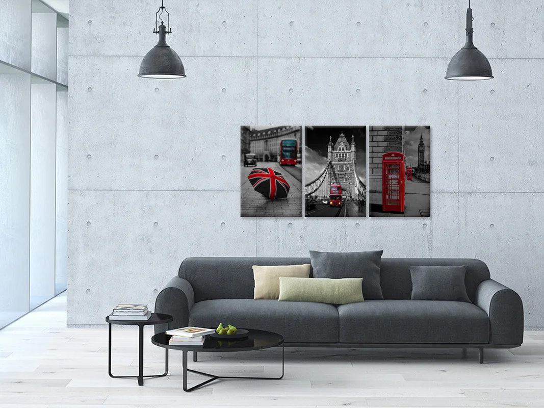 Настенная картина из 3 предметов холст черный и белый красный Лондонский автобус