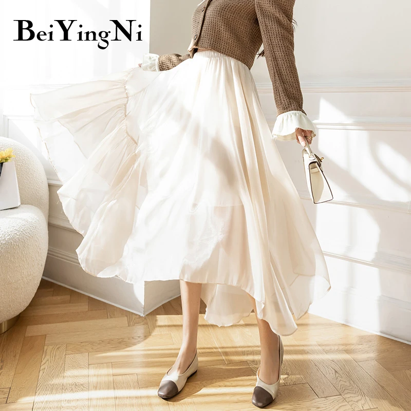 

Beiyingni Women Plain Midi Pleated Skirt Casual Dance Ruffles Satin Mesh Tutu Skirts for Girls Irregular CHIC Long Faldas Female