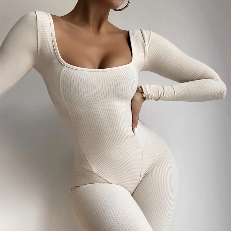 

Coffeehot Jumpsuit Streetwear Women Black Rompers Long Sleeve Square Brown Jumpsuit One Piece Outfits Bodycon Jumpsuits