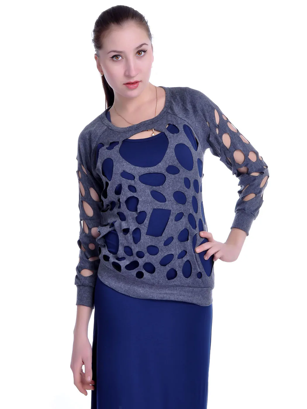 

Fit Grunge Grey Long Sleeve Burned Cut Out Holes Sweater Shirt Top