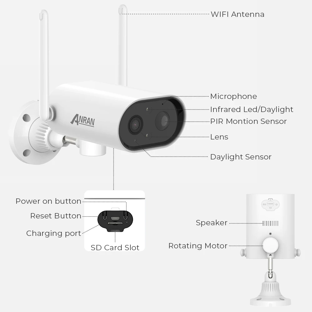 ANRAN перезаряжаемая камера видеонаблюдения 3MP Поворотная PTZ ip-камера Wifi наружная PIR