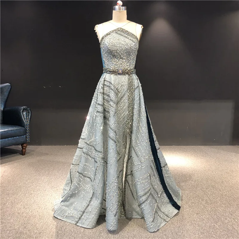 

Newest 100%Real Sample Green Color Sleeveless Embroidery with Heavy Beading Floor Length with Train Prom Party Evening Dresses