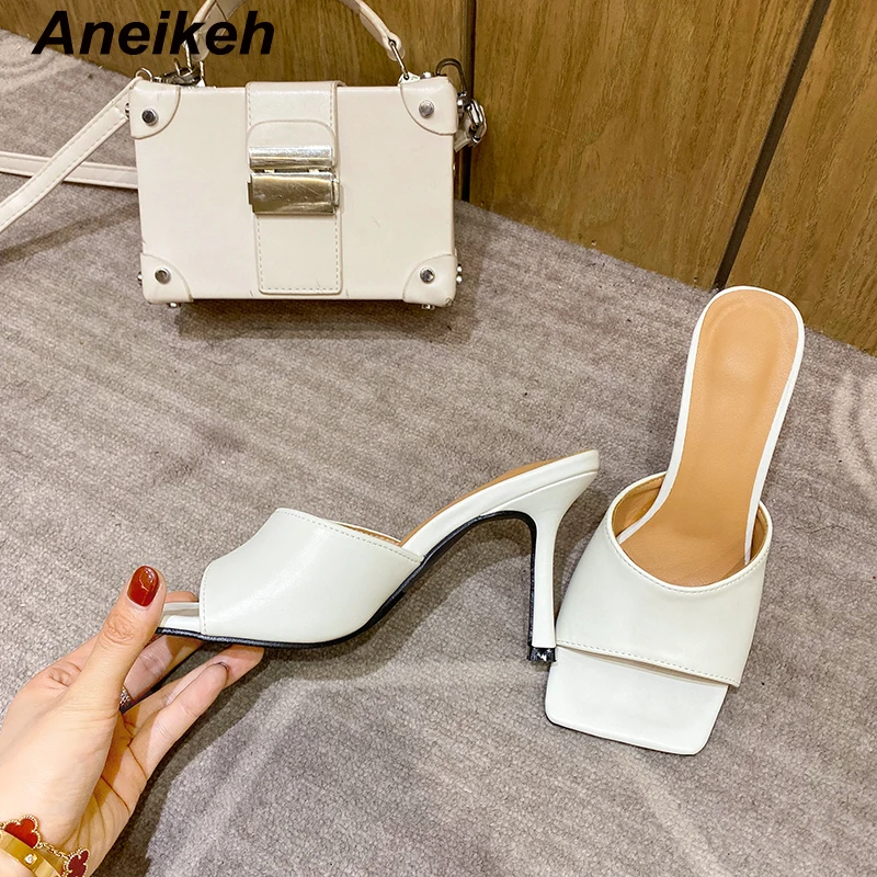 

Aneikeh New 2021 Summer Women Slipper Square Toe Thin High Heel Ladies Sandal Mules High Quality Elegant Dress Shoes BeachSlides