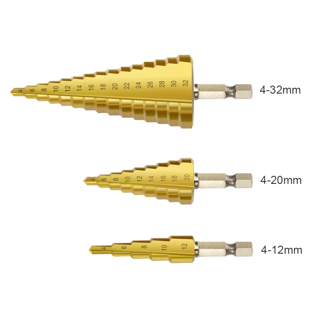 

1Pcs profession Spiral Flute Pagoda Shape Hole Cutter 4-12/20/32mm HSS Steel Cone Drill Bit Set HSS Steel Step Sharpening