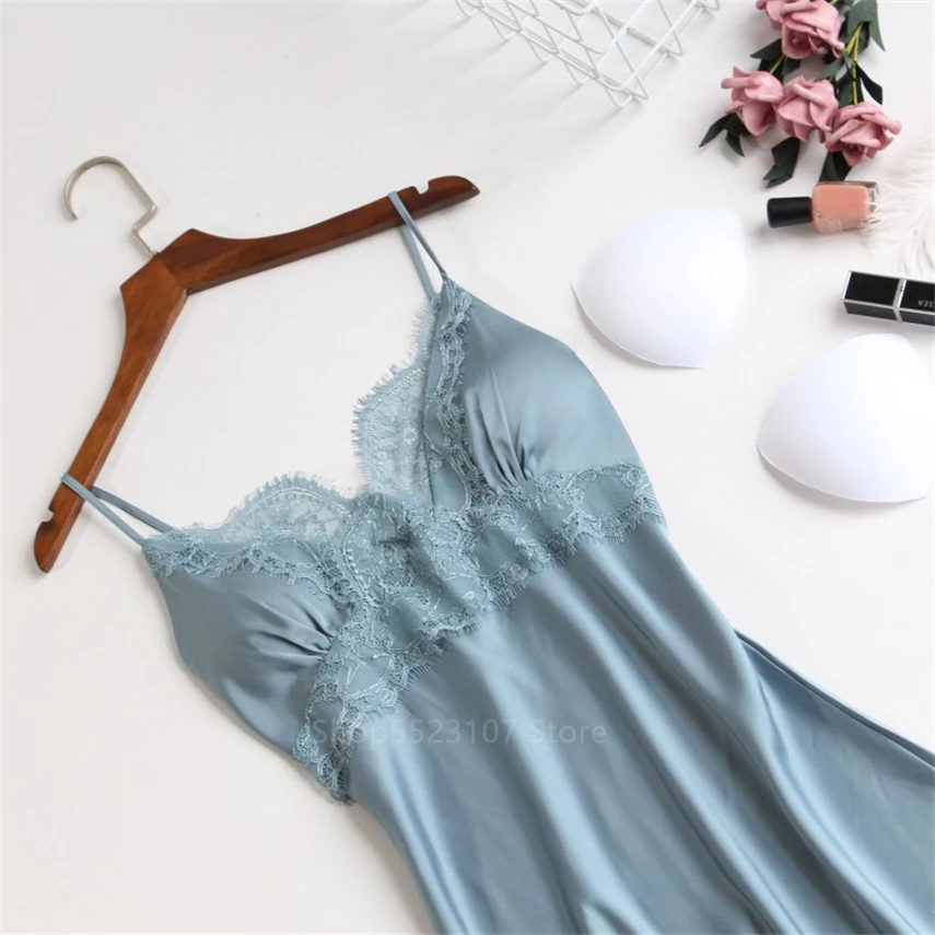 

2020 Womens Silk Satin Pajamas Sets Strap Sleepwear 5 Pieces Sets Female Lace Lounge Pyjama with Chest Pads Home Wear