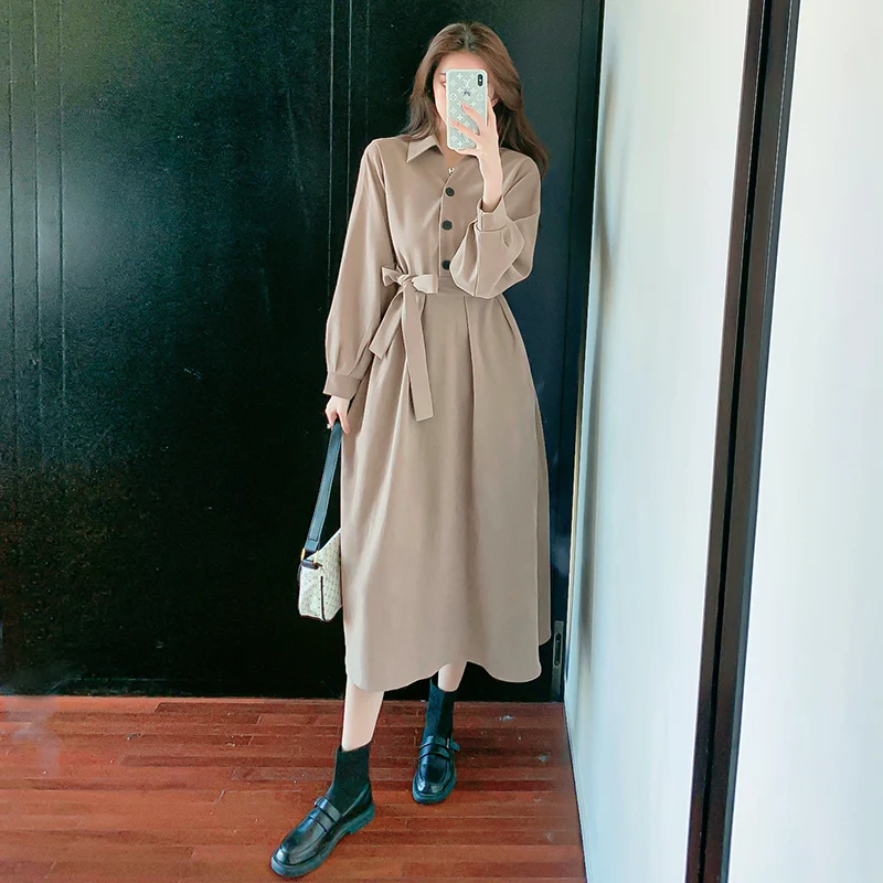 

Vintage Women Dress Long Sleeve Solid Button Up High Waist Long Maxi Dresses Women Drawstring Waist Down Slimming Basic Dress OL