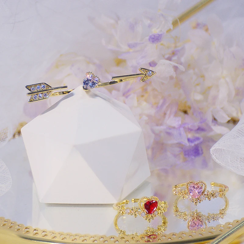 

Vintage Noble 14k Real Gold Jewelry Cupid's Arrow Rings for Women Adjustable Open Brilliant Zirconia Wedding Party INS Hot Gift