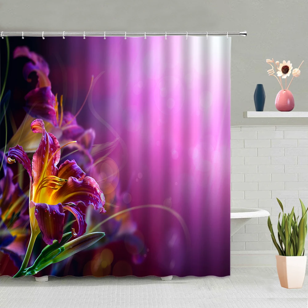 

Занавеска для душа с фиолетовыми цветами, водонепроницаемый комплект для ванной комнаты с красочной полосой и 3D-принтом, s-образный экран дл...